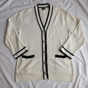 Who What Wear Cardigan Women's M Knit 3/4 Sleeve Button Ivory Black Cotton Blend